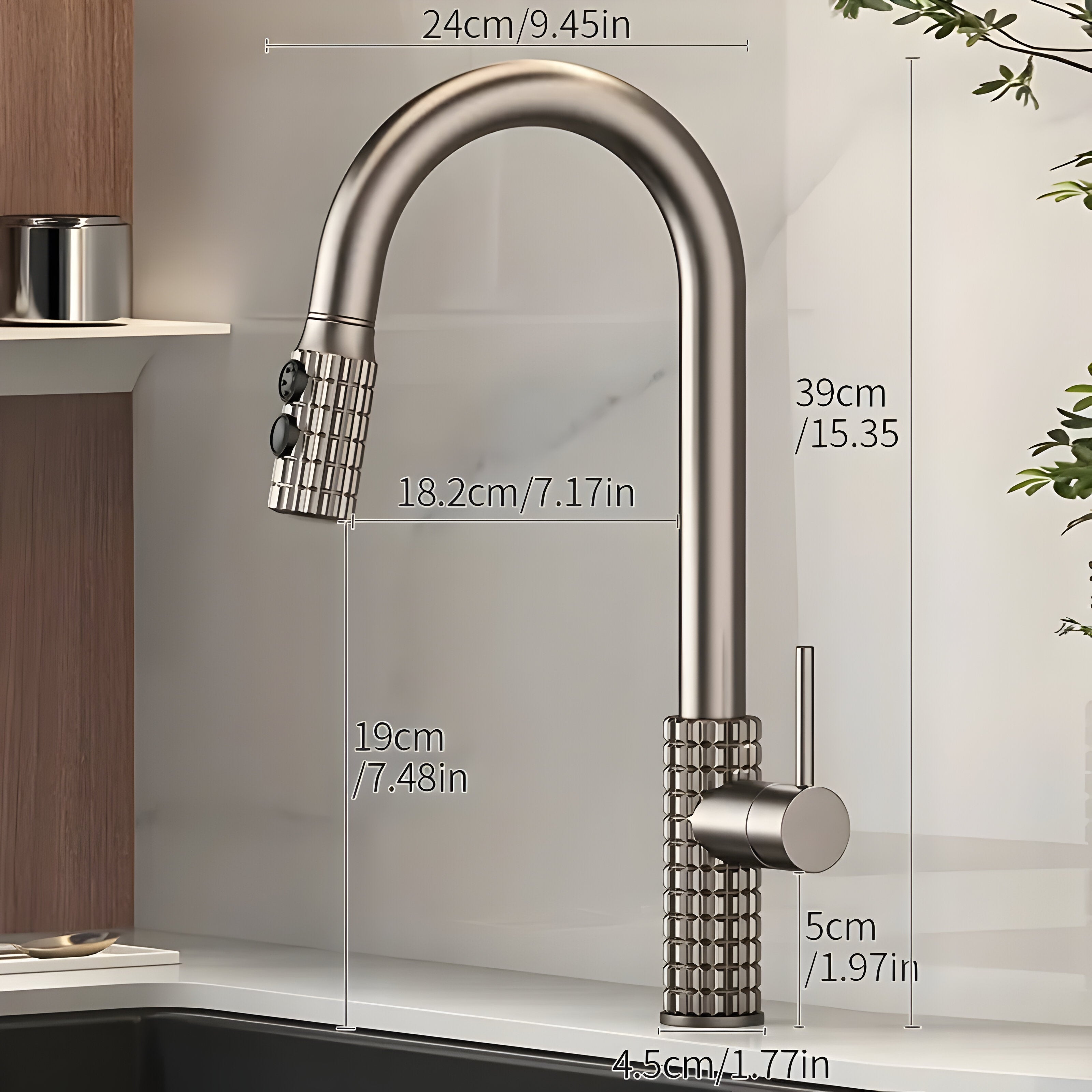 AureaArc – Antiek Messing Keukenmengkraan met Uittrekbare Sproeikop