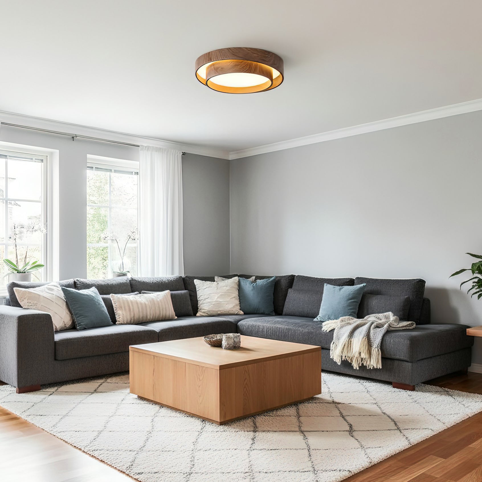 Plafondlamp met walnootlook van metaal en acryl – Bonq