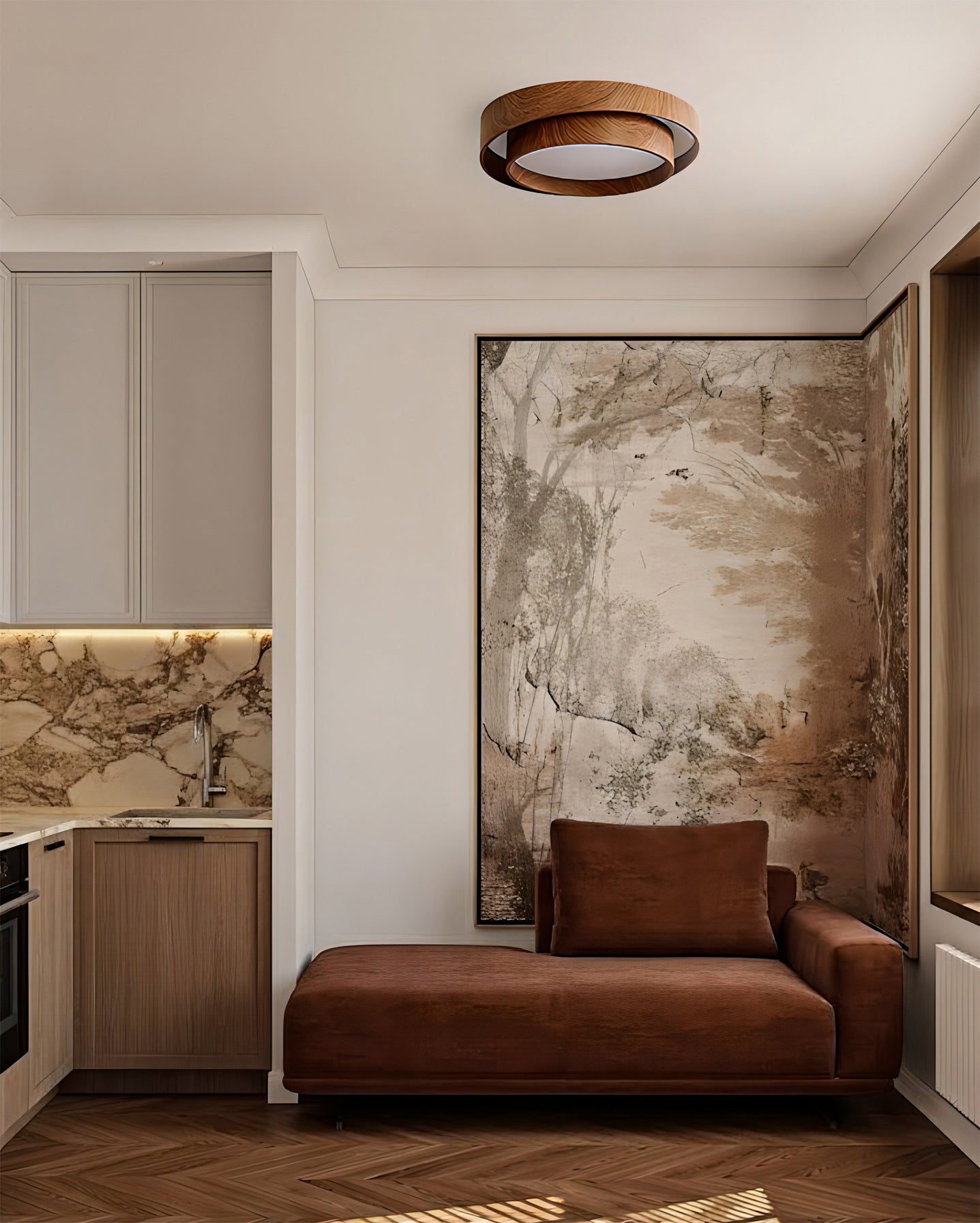 Plafondlamp met walnootlook van metaal en acryl – Bonq