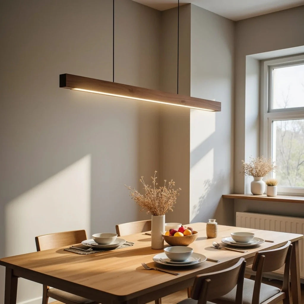 Glødra – Langwerpige Houten Hanglamp met Minimalistische Uitstraling