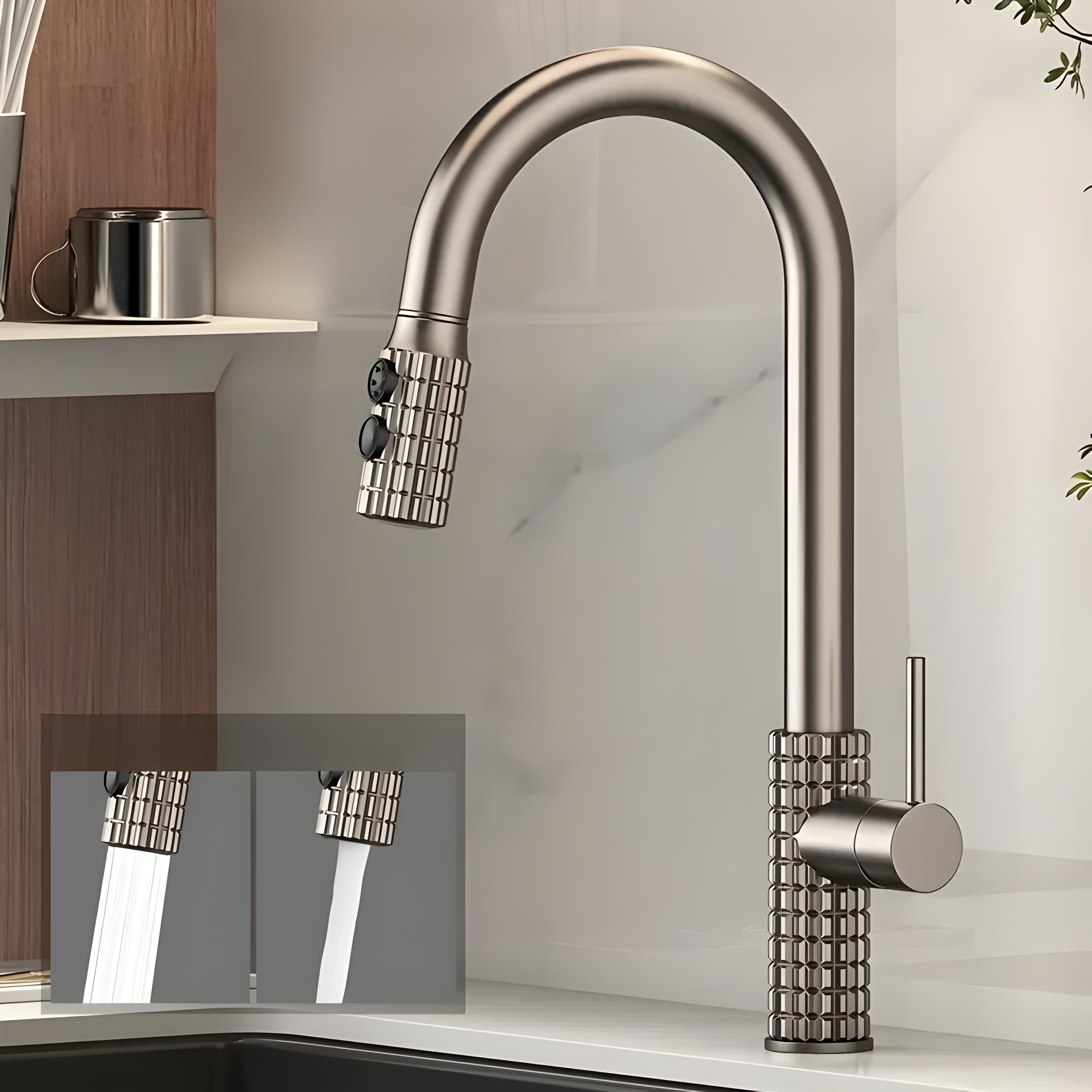 AureaArc – Antiek Messing Keukenmengkraan met Uittrekbare Sproeikop