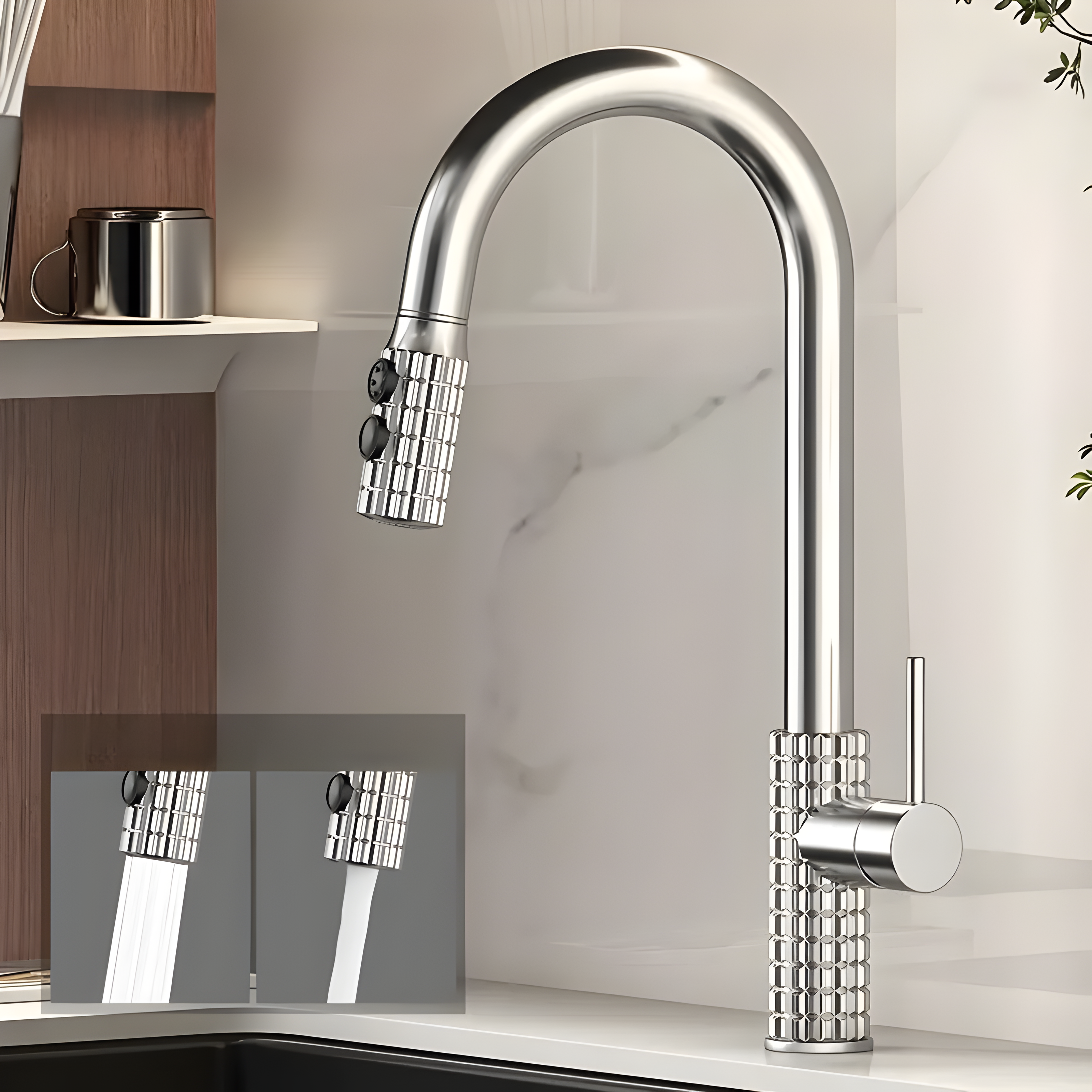 AureaArc – Antiek Messing Keukenmengkraan met Uittrekbare Sproeikop