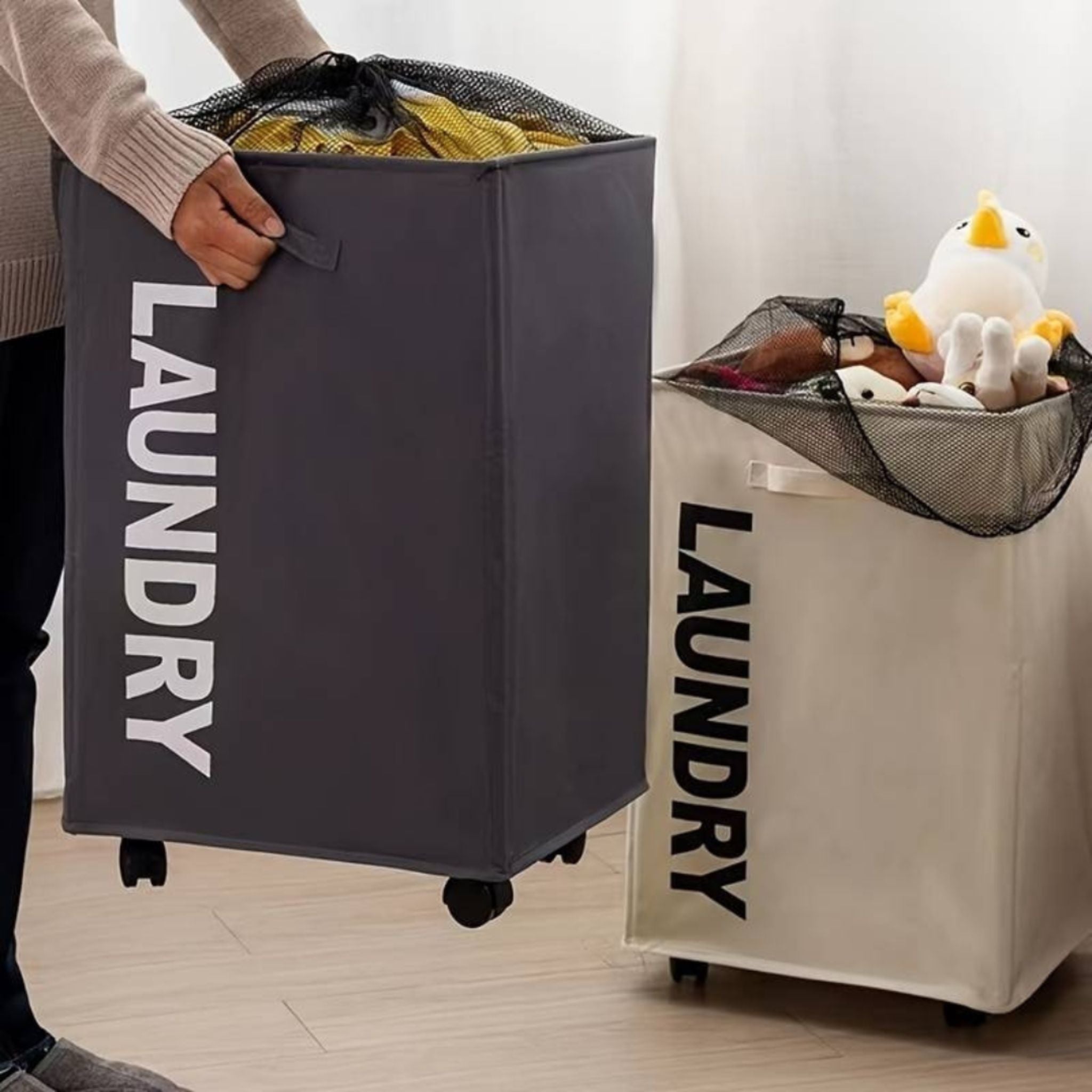 FlexiRoll™ – Plooibare Wasmand op Wieltjes | Waterdicht, Ruim & Makkelijk te Verplaatsen