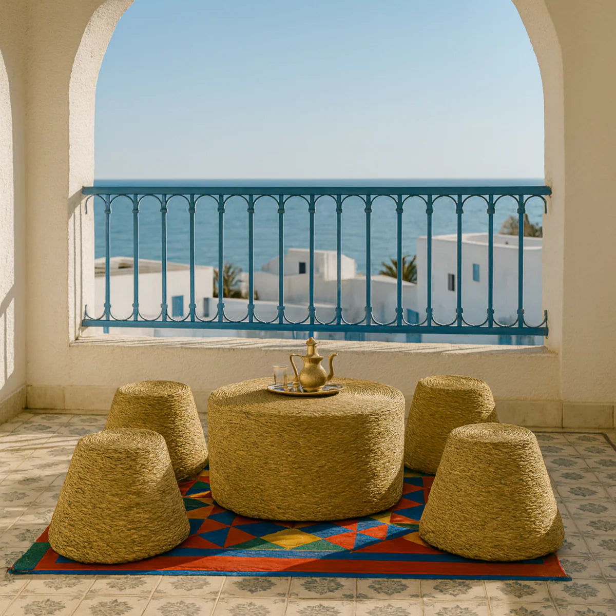 Halessa™ Halfa Tafel met 4 Tabourets – Bohemian & Handgemaakt Design