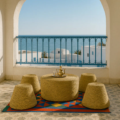 Halessa™ Halfa Tafel met 4 Tabourets – Bohemian & Handgemaakt Design