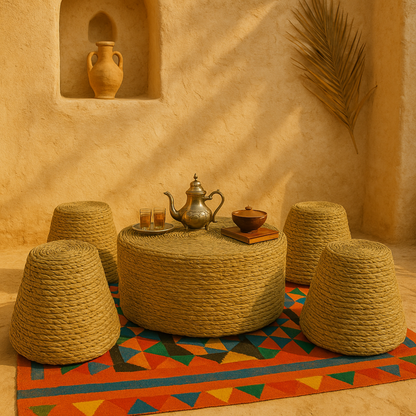 Halessa™ Halfa Tafel met 4 Tabourets – Bohemian & Handgemaakt Design