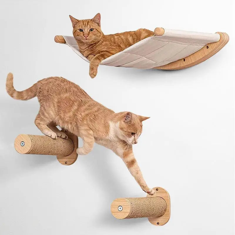 ClawLounge™ Kattenplank & Muurhangmat – Massief Hout & Sisaltouw Klimtreden voor Binnenkatten