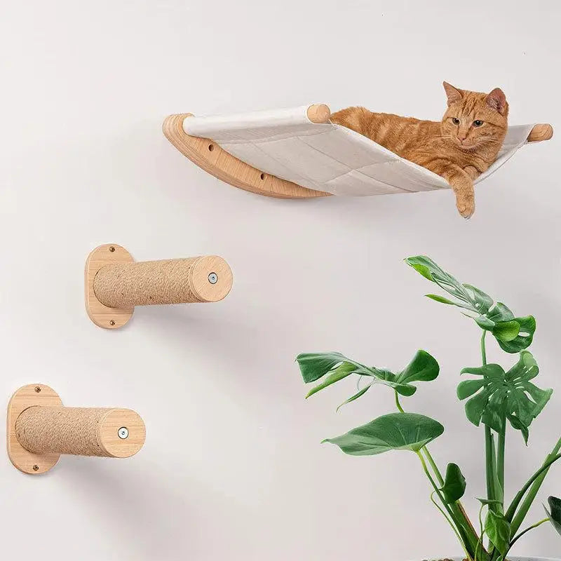 ClawLounge™ Kattenplank & Muurhangmat – Massief Hout & Sisaltouw Klimtreden voor Binnenkatten