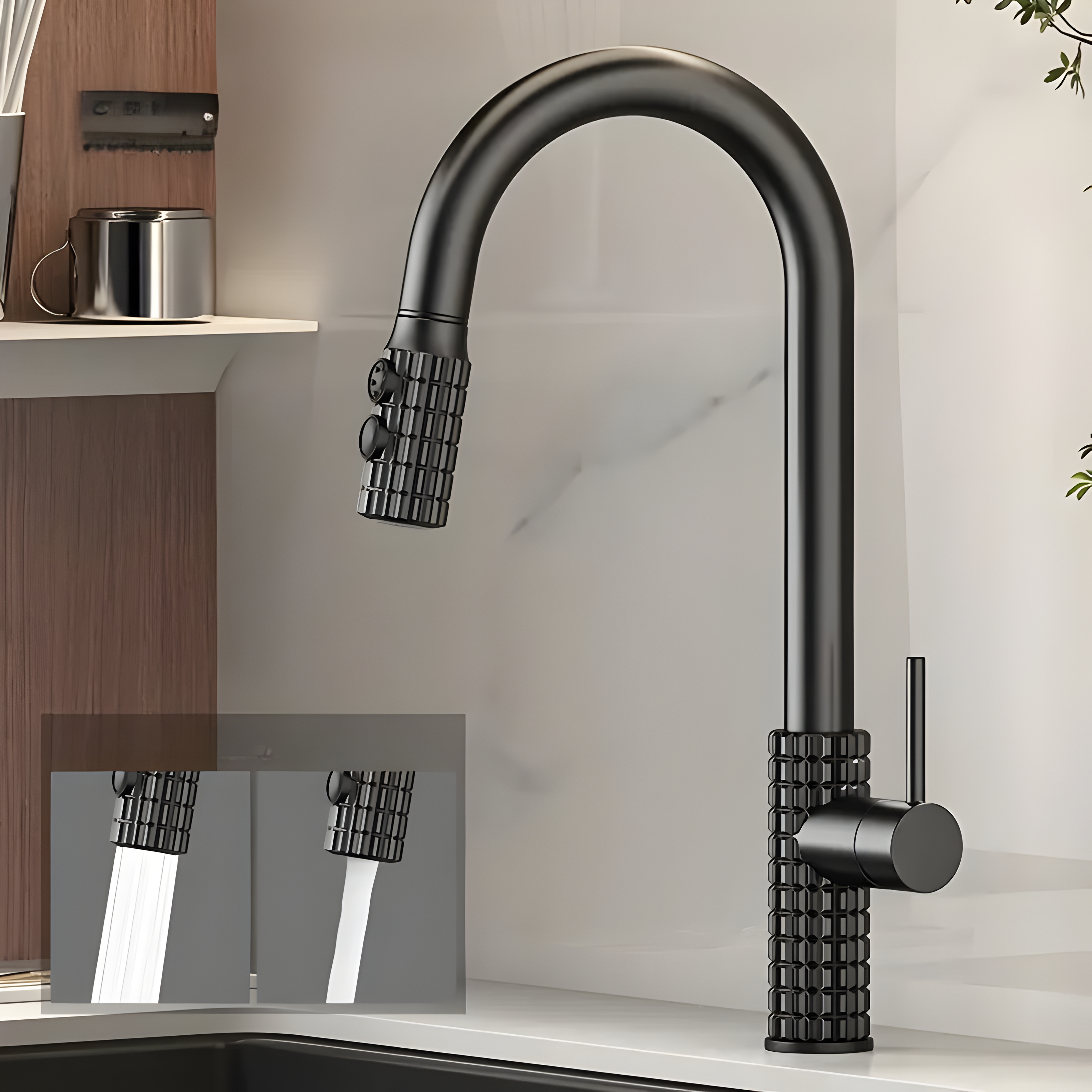 AureaArc – Antiek Messing Keukenmengkraan met Uittrekbare Sproeikop