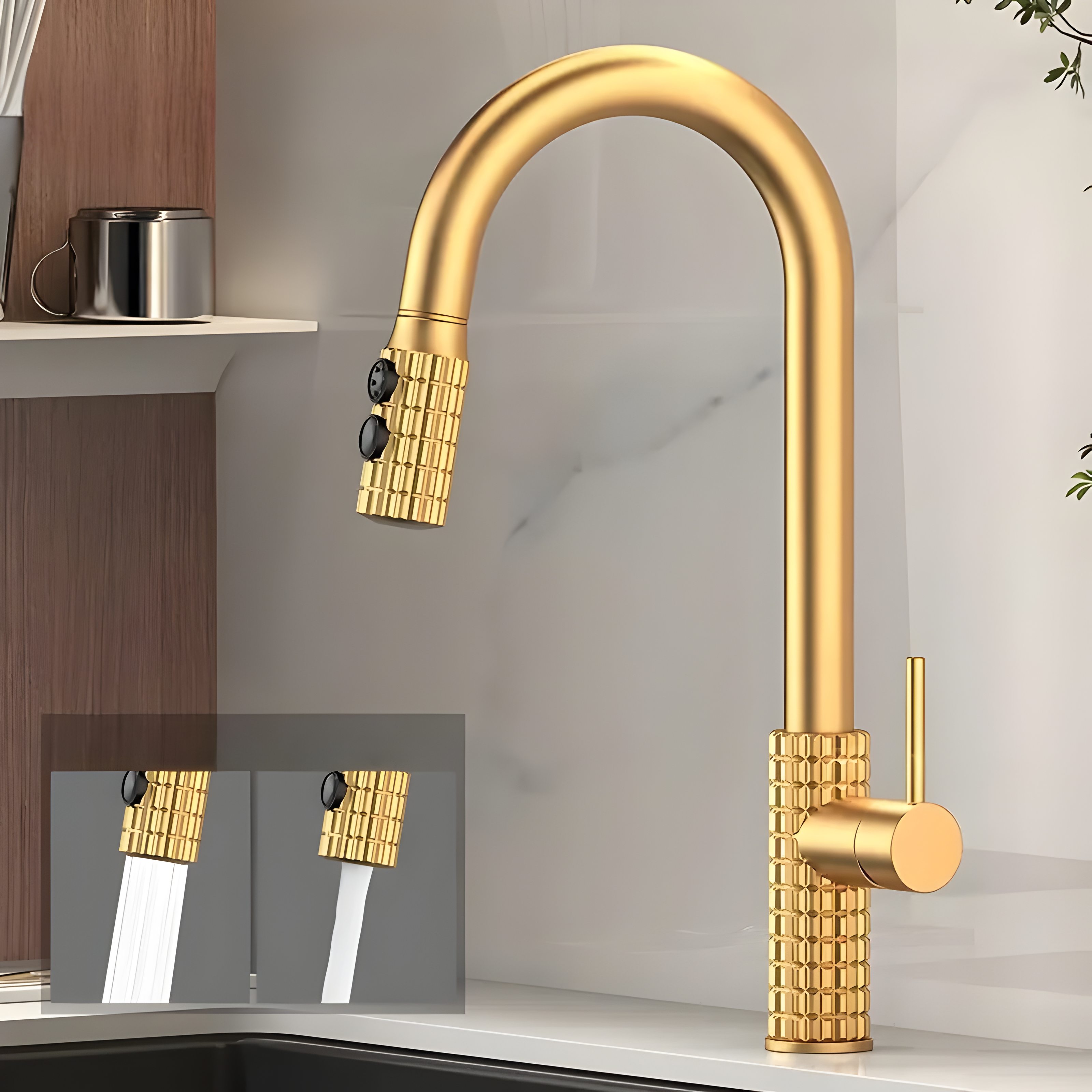 AureaArc – Antiek Messing Keukenmengkraan met Uittrekbare Sproeikop