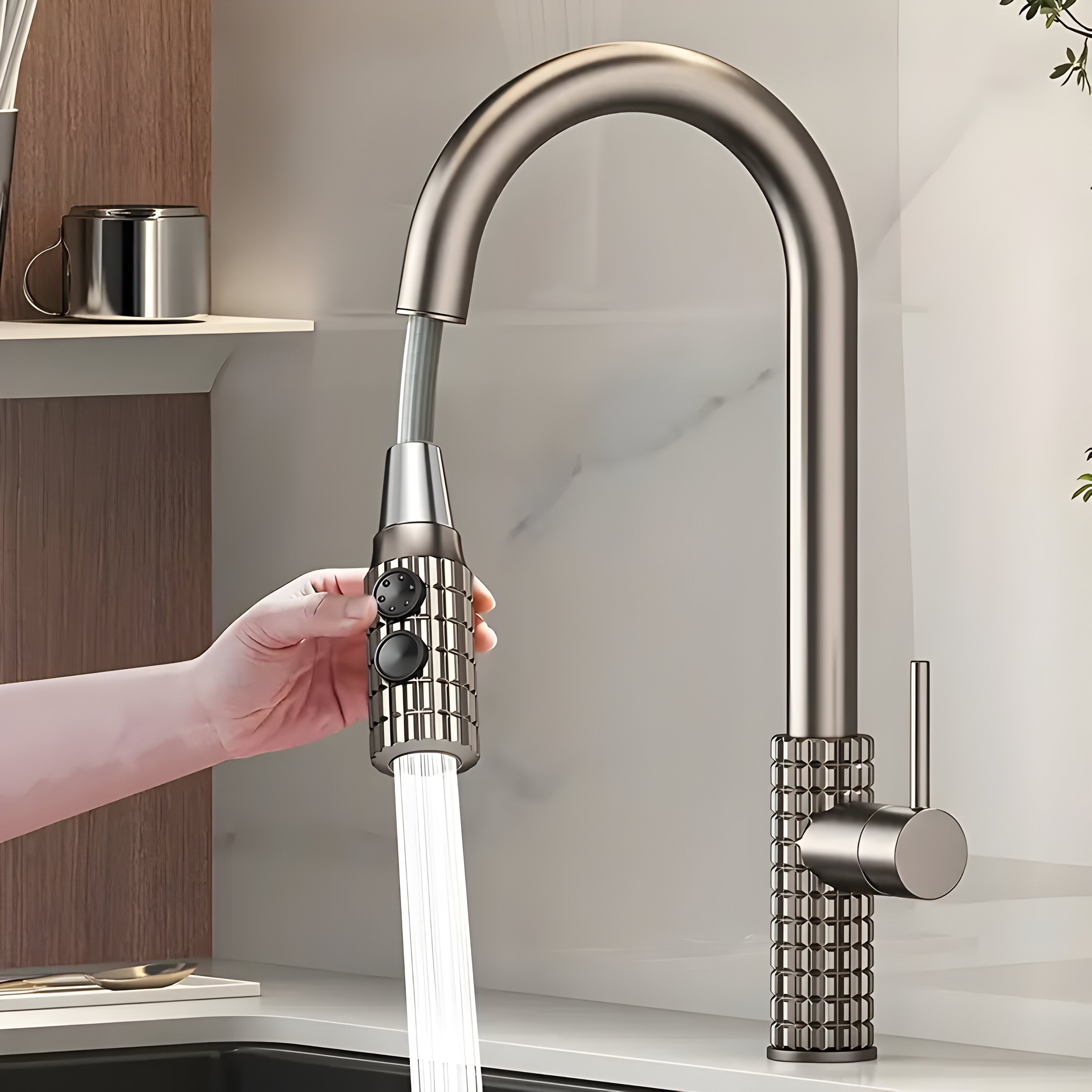 AureaArc – Antiek Messing Keukenmengkraan met Uittrekbare Sproeikop