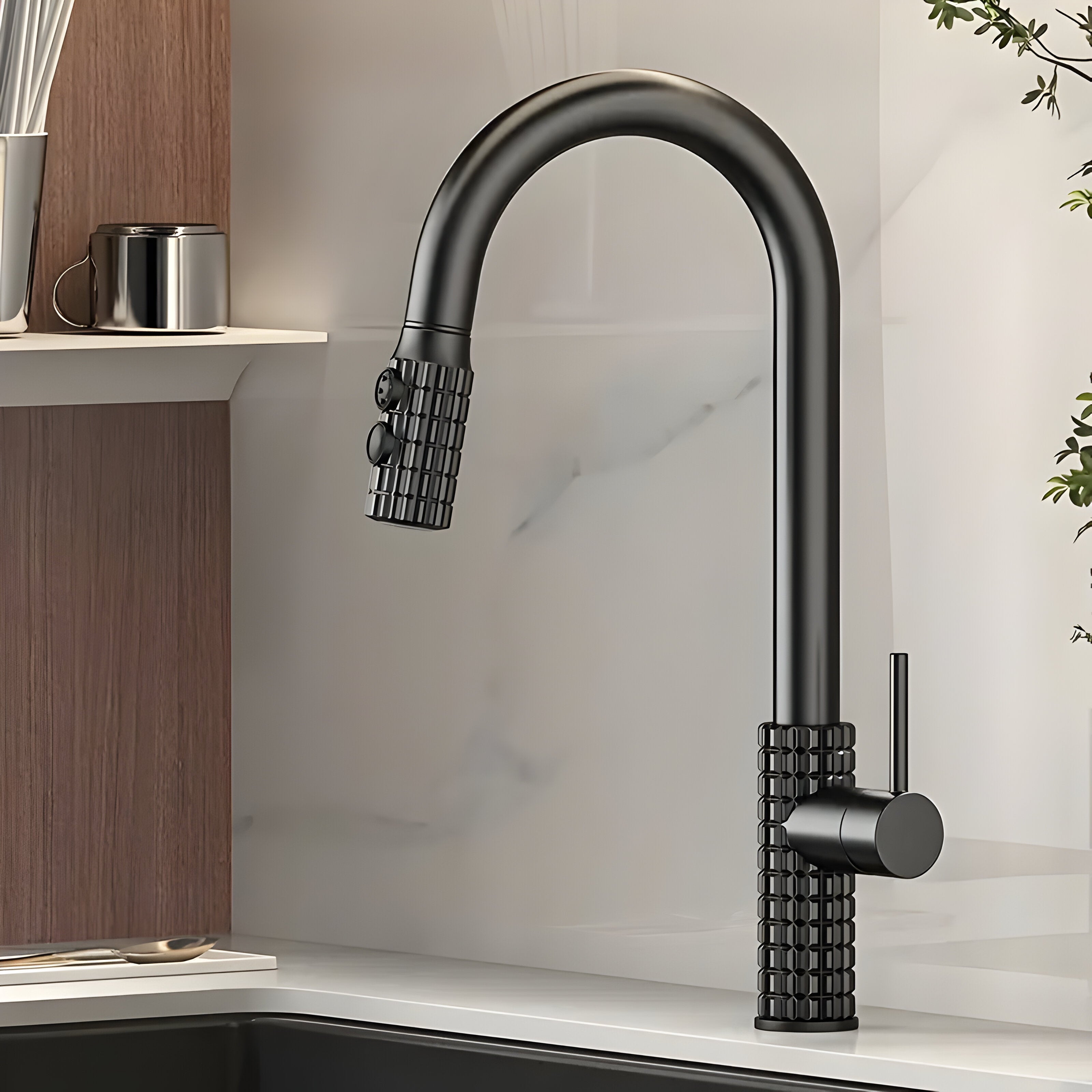 AureaArc – Antiek Messing Keukenmengkraan met Uittrekbare Sproeikop