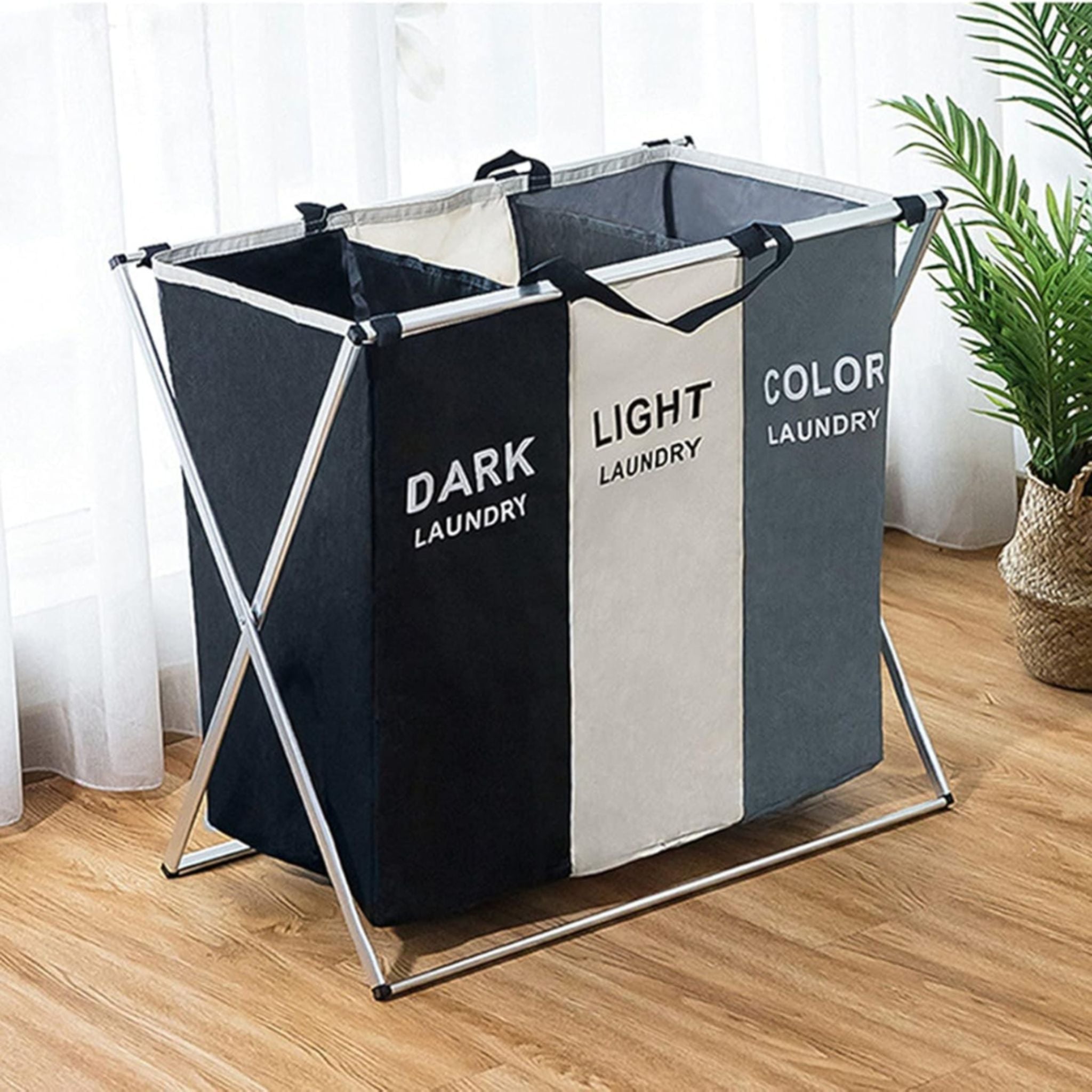 TriFold™ – Plooibare Wasmand met 3 Vakken | Waterdicht, Duurzaam & Ruimtebesparend