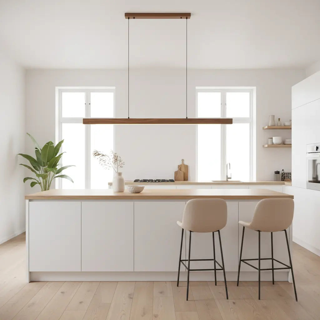 Glødra – Langwerpige Houten Hanglamp met Minimalistische Uitstraling