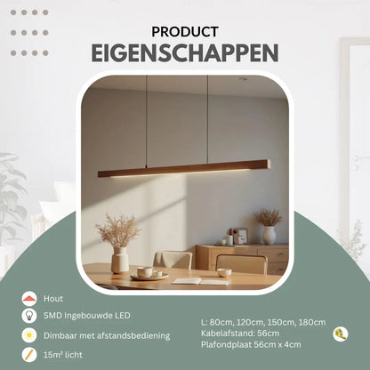 Glødra – Langwerpige Houten Hanglamp met Minimalistische Uitstraling